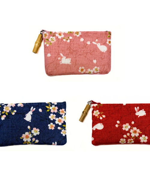 Load image into Gallery viewer, 日本製 桜うさぎ 竹玉付ファスナー小銭入
