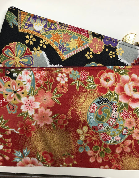 日本製 花小紋 金扇付 角平ポーチ