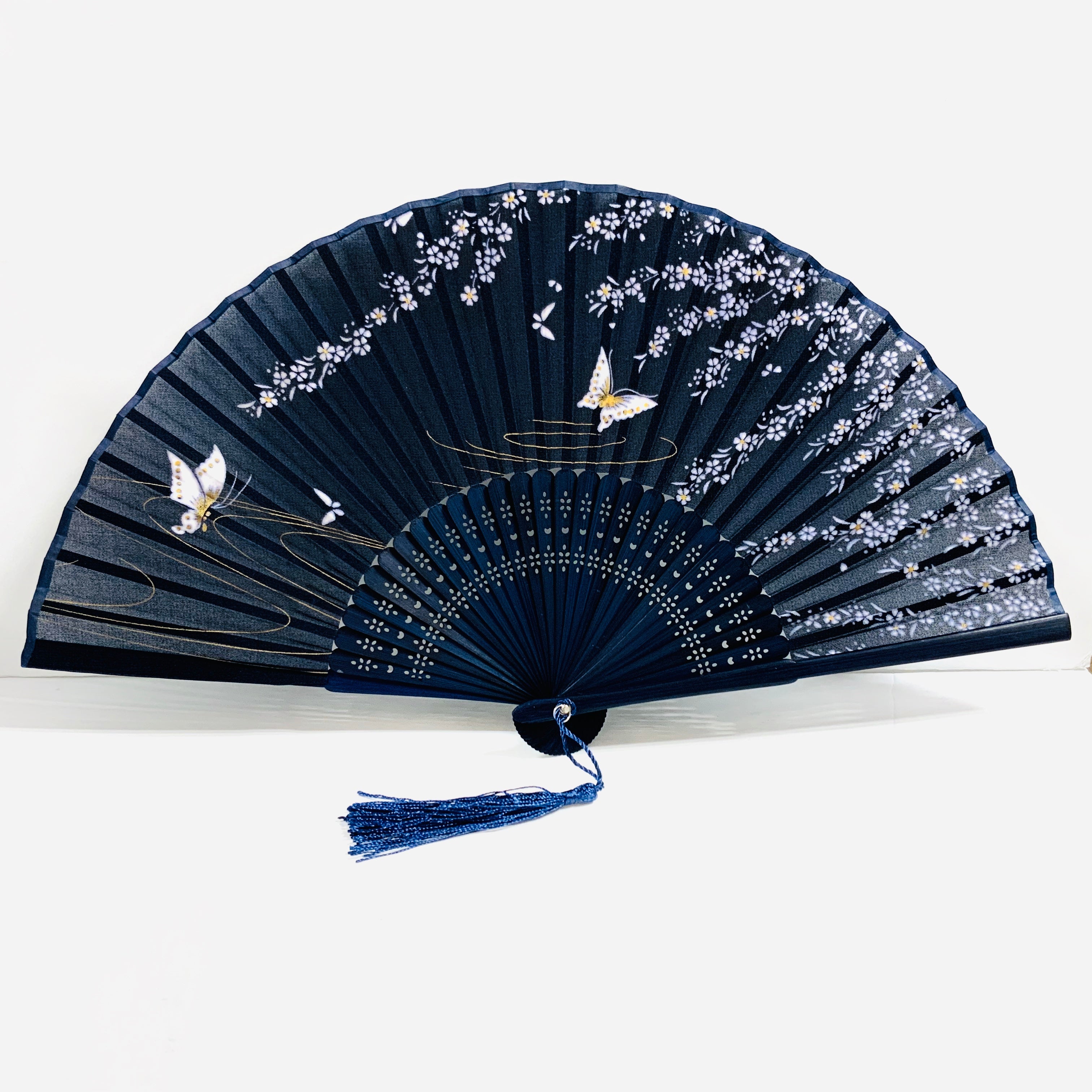 扇子 シルク 蝶々 柄 ネイビー お土産に 人気 hand fan folding